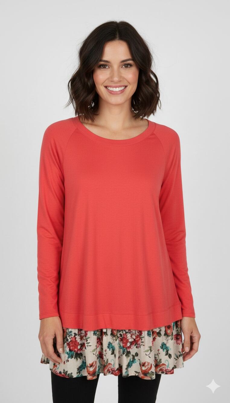 Red Lolly Floral Hem Long Sleeve Shirt Tunic Womens Large Bright Coral New